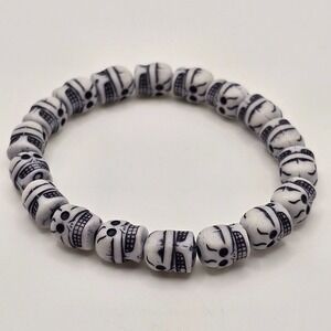 Skull Bead Stretch Bracelet‎ White Black Goth Punk Biker Halloween